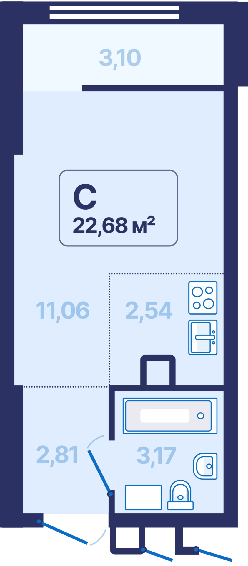 Квартира Студия-комнатная, 22.68 м2, этаж 8 - ЖК 9 Космонавтов